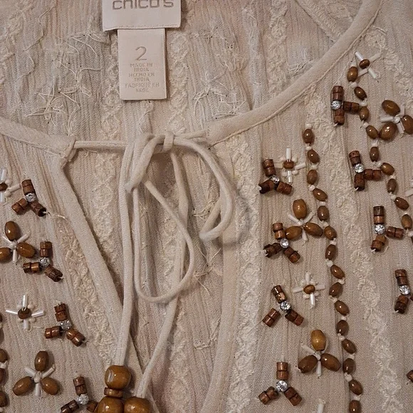 Chicos Cream Tunic Featuring Gold, Wood, And Embroidered Embelishments - Picture 5 of 8